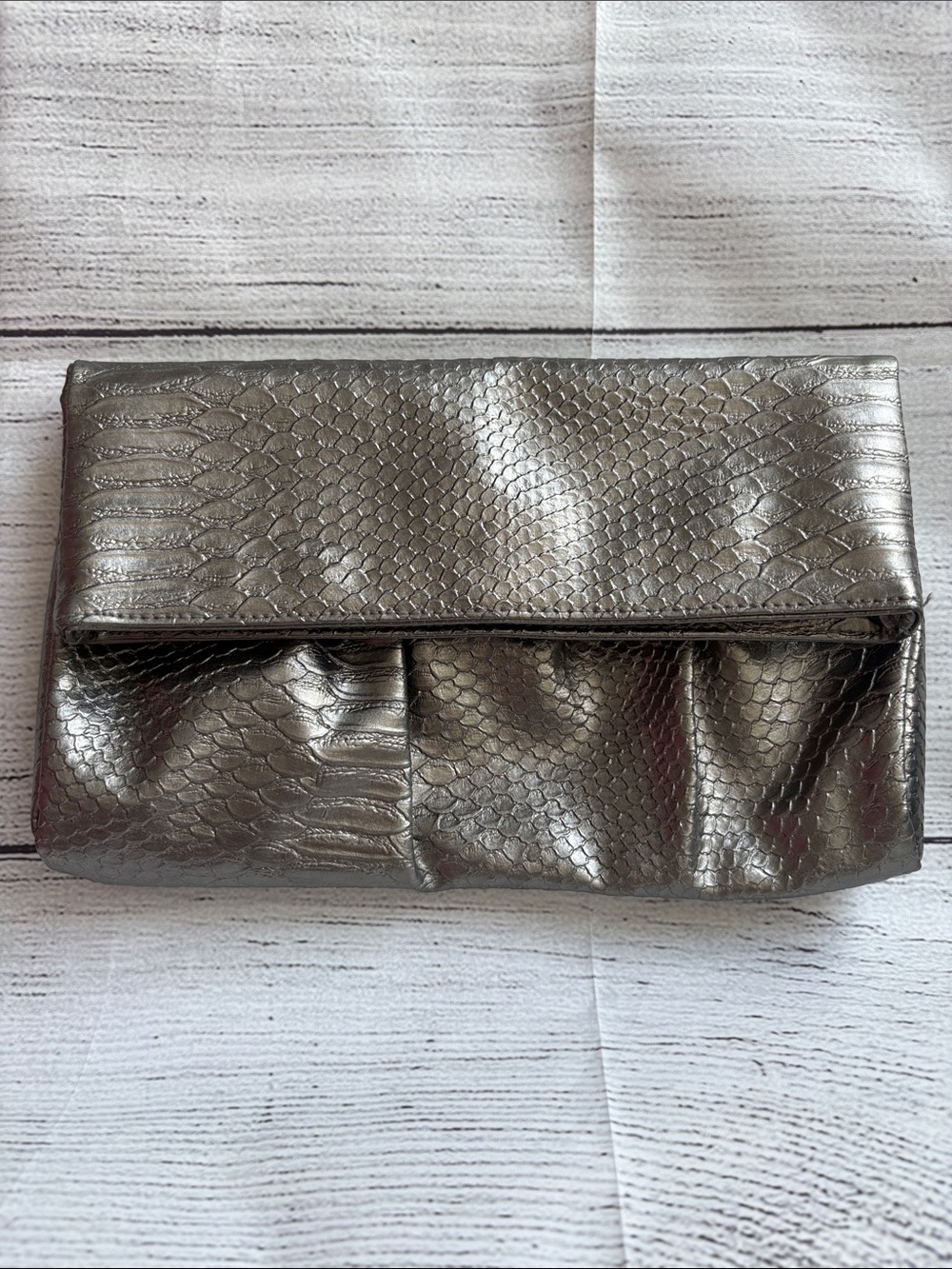 Style & Co. Silver/Grey/Platinum Snakeskin Fold Over Clutch